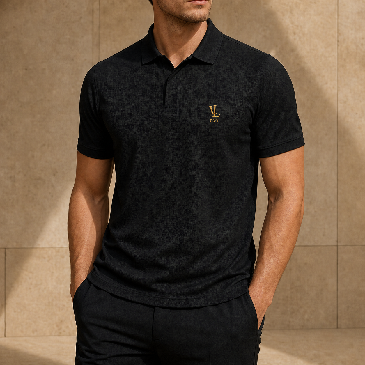 Black polo with modest gold LL and Da'at chest embroidery