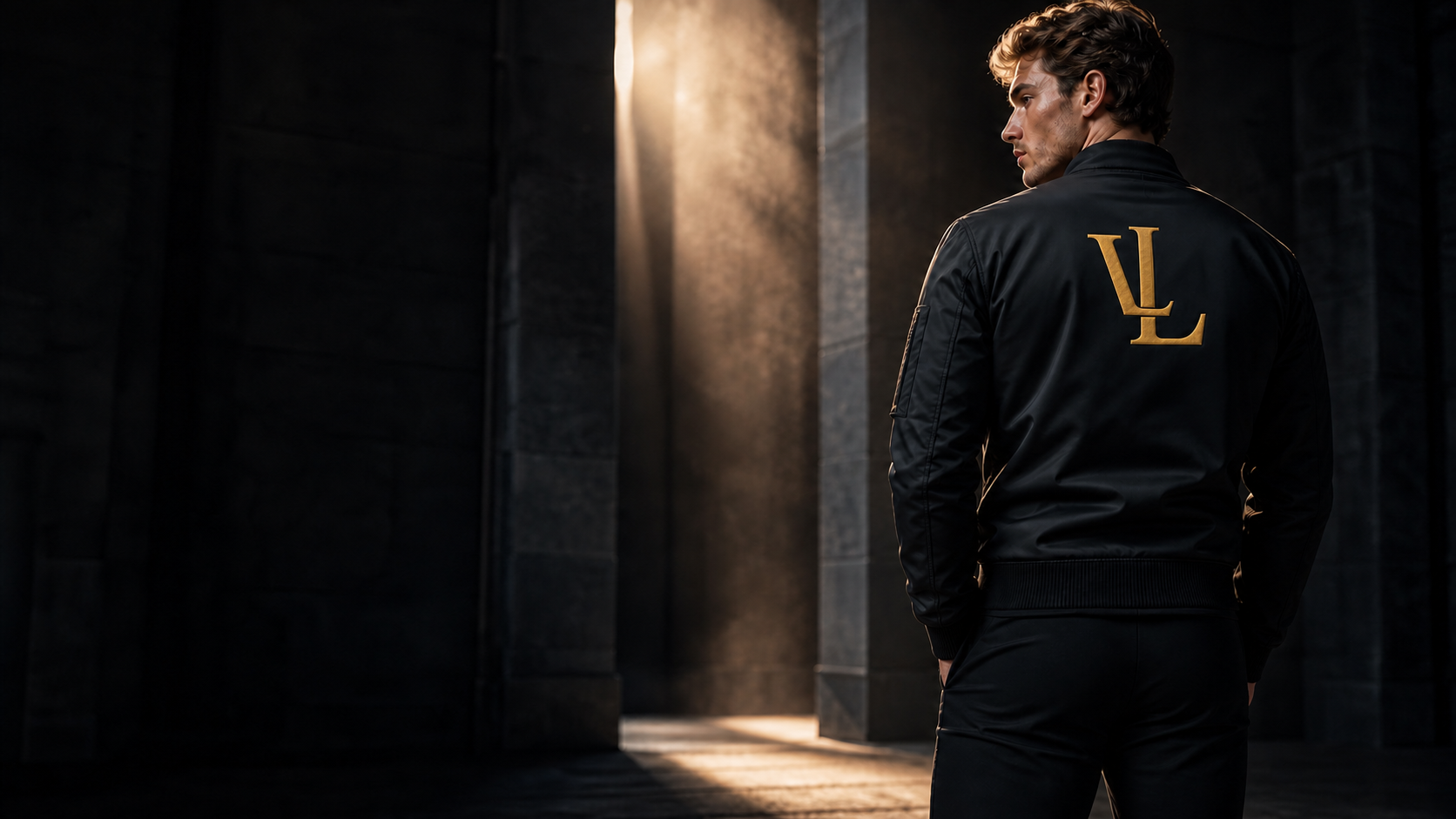 L'Chaim Loca black technical bomber with gold LL embroidery